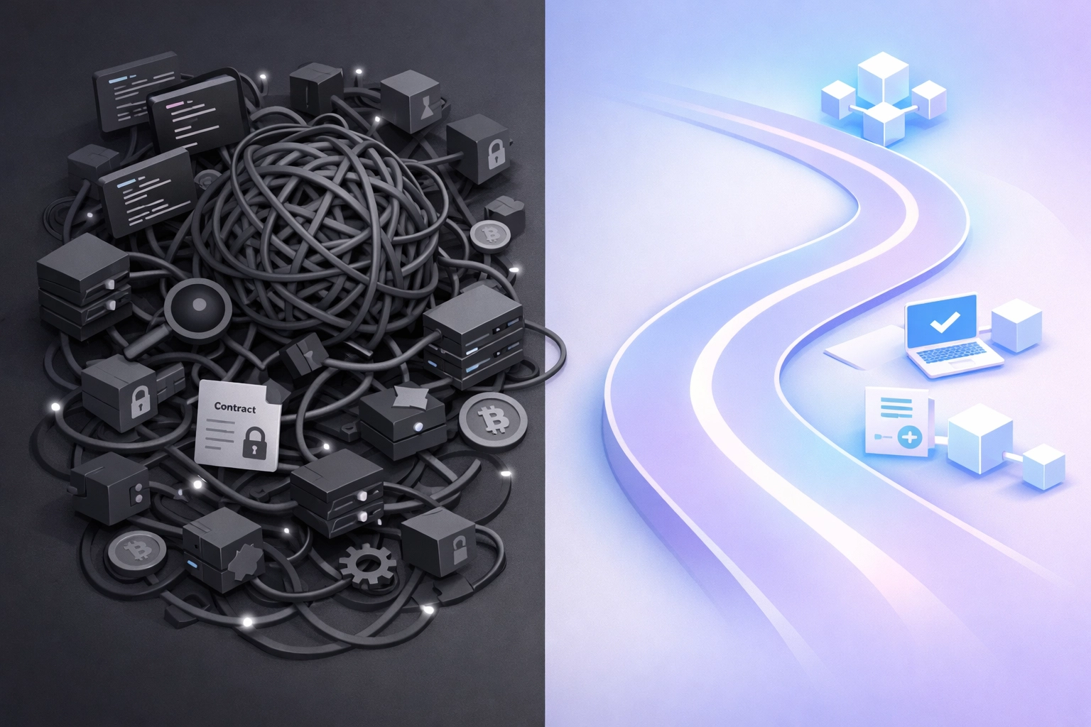 Traditional blockchain development complexity versus streamlined low-code Web3 integration approach