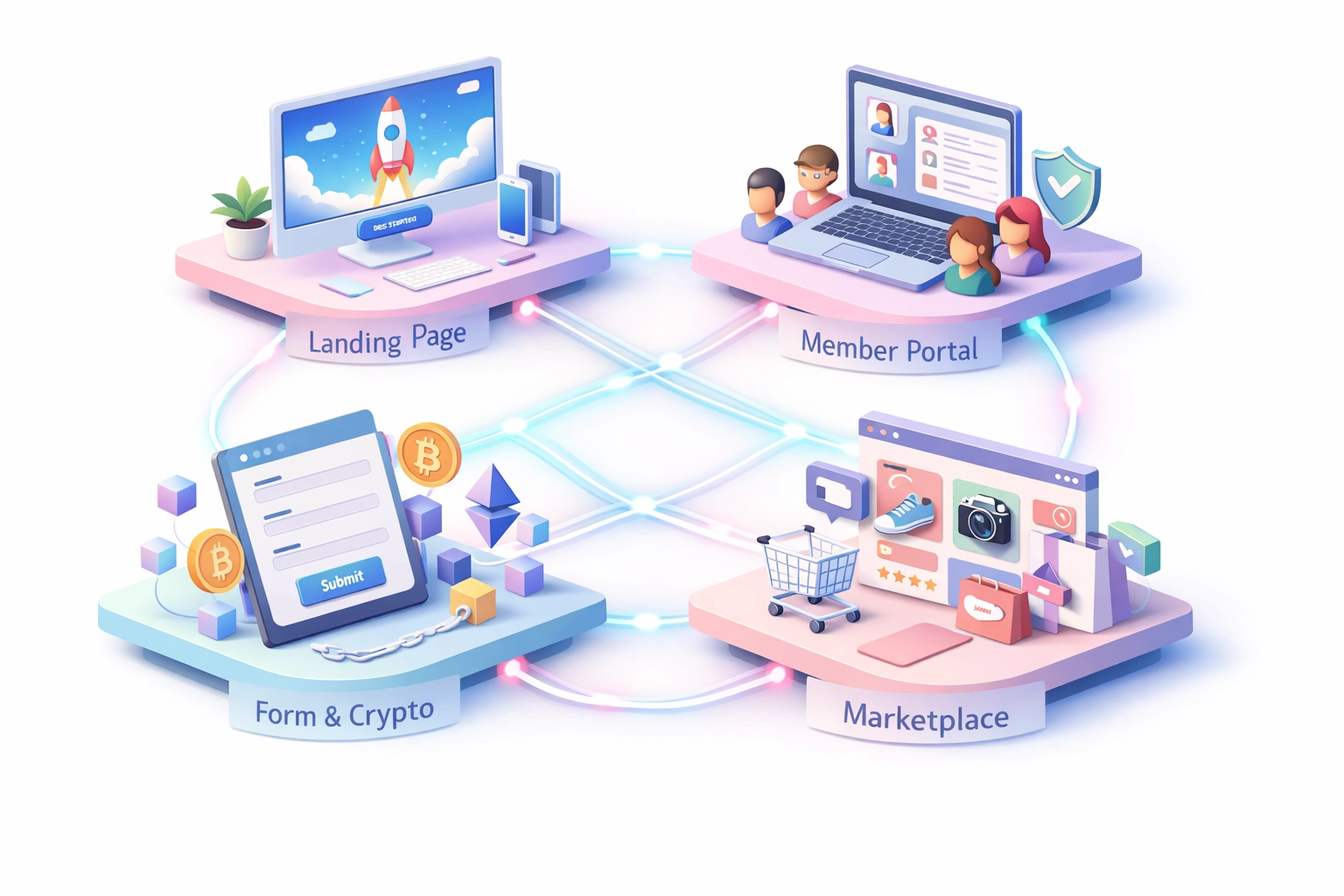 Common Webflow Web3 use cases: landing pages, member portals, forms, and marketplaces