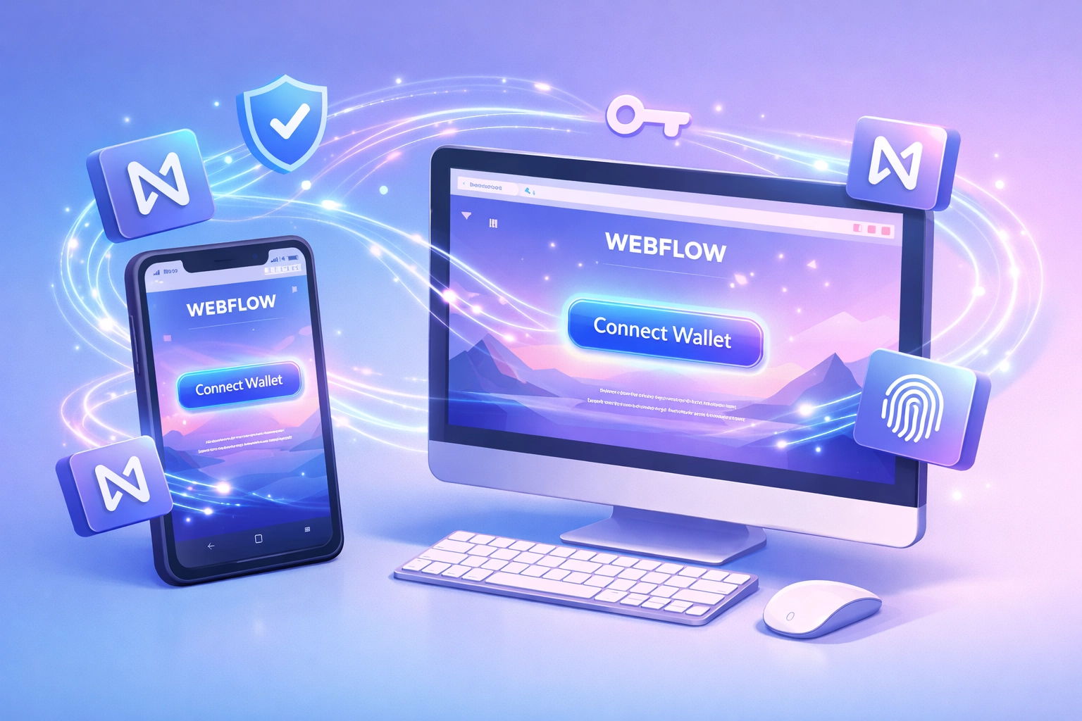 Connect Wallet button displayed on Webflow website across desktop and mobile devices