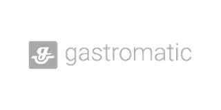 Gastromatic Schriftzug neben einem stilisierten weißen G-Logo auf grauem Hintergrund.