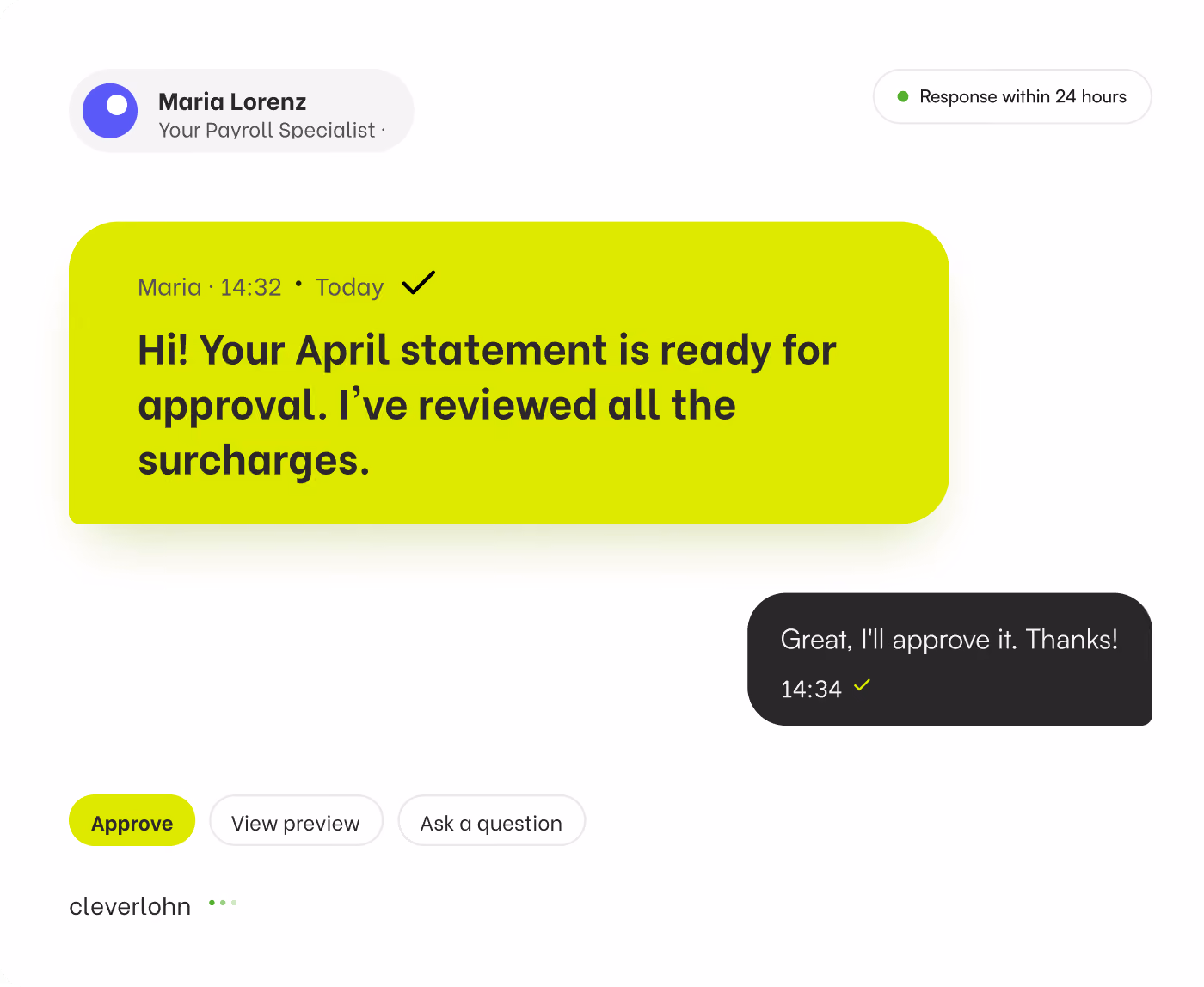 Chat interface showing a payroll specialist named Maria Lorenz notifying that the April statement is ready for approval and surcharges have been reviewed. The user responds with approval and thanks. Options below include Approve, View preview, and Ask a question.