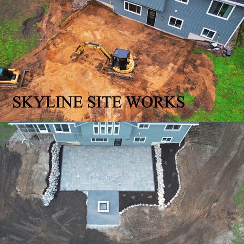 Two aerial views showing house yard before and after site work with excavator and new paved patio.