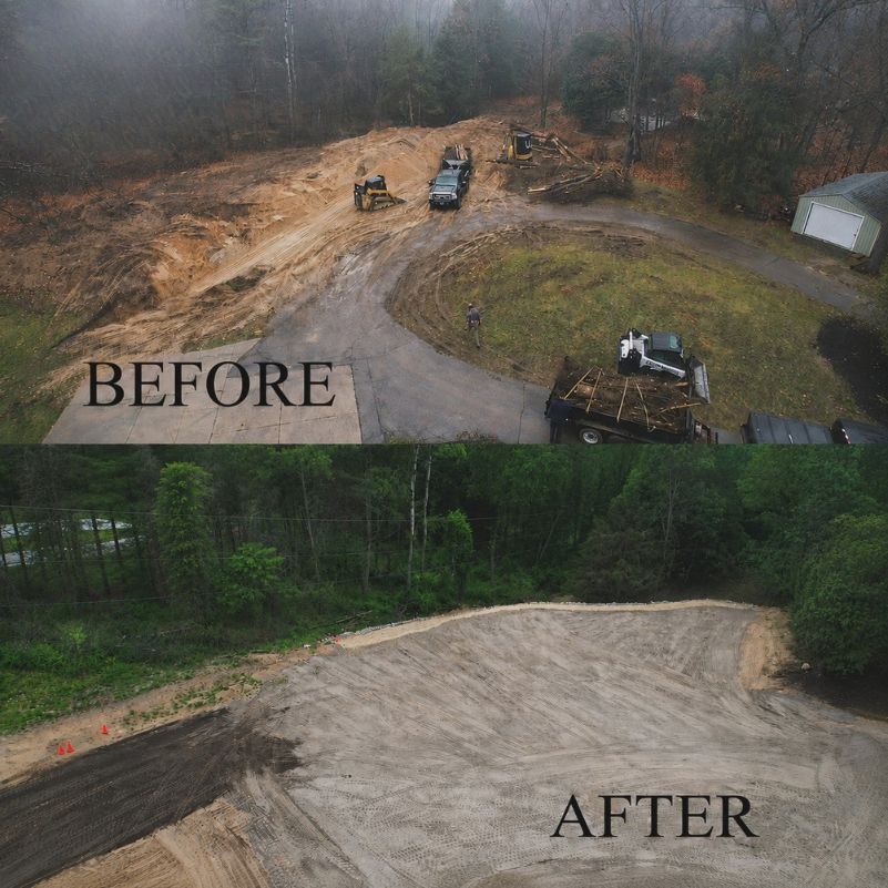 Before and after images of a cleared and leveled construction site surrounded by trees.