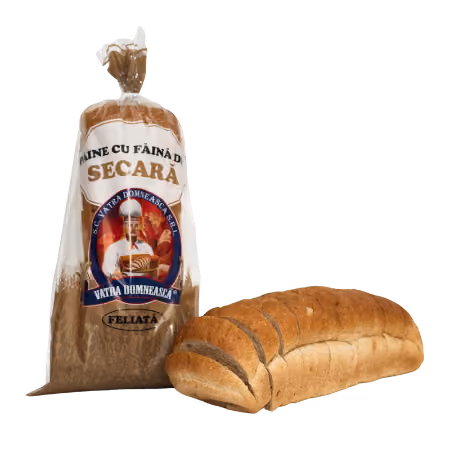 Sliced loaf of rye bread next to its packaging with Romanian text and a baker illustration.