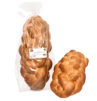Two braided loaves of bread, one packaged in clear plastic and the other unwrapped.