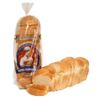 Loaf of sliced white bread with packaging labeled 'Scaltra Domneasca' featuring an image of a baker.