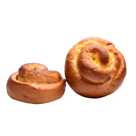 Two freshly baked sweet rolls with a golden-brown crust on a transparent background.