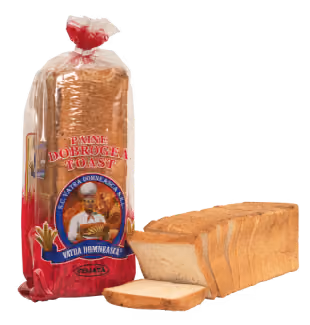 Loaf of sliced Paine Dobrogea Toast bread in branded plastic packaging next to stacked slices and one slice lying flat.