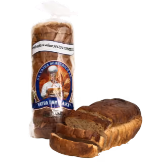 Packaged loaf of Vatra Dornei Asca bread next to a sliced loaf of brown bread.