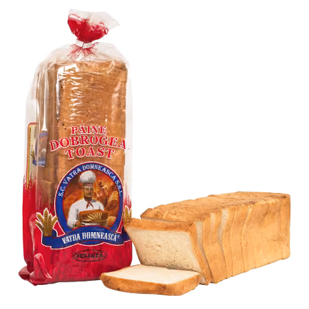 Packaged Paine Dobrogea Toast bread with one slice separated from the loaf.