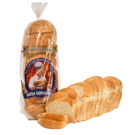Packaged and partially sliced loaf of white sandwich bread with label showing a baker holding bread.