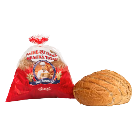 Sliced loaf of whole wheat bread next to a packaged loaf with Romanian text on the bag.