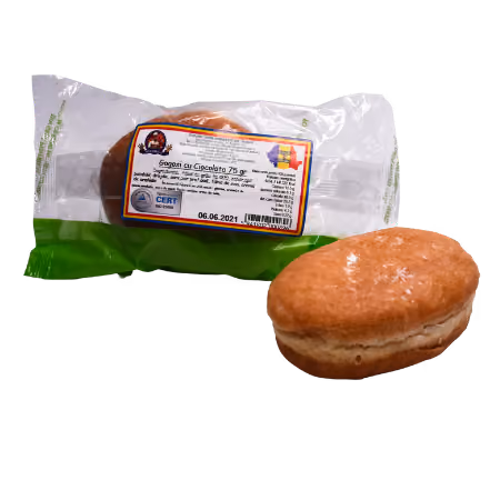 A packaged chocolate-filled pastry with a separate unwrapped pastry beside it on a white background.