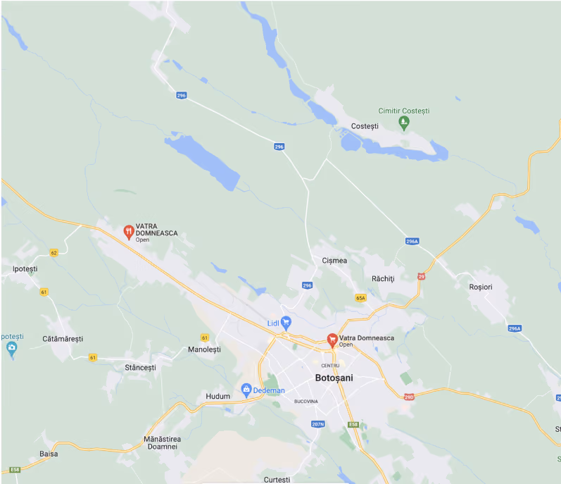 Map showing Botoșani city and surrounding areas in Romania with roads, nearby localities, and points of interest like Vatra Domnească restaurant and Lidl supermarket.