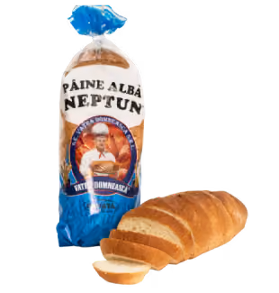 Packaged loaf of Paine Alba Neptun bread with several sliced pieces laid out.