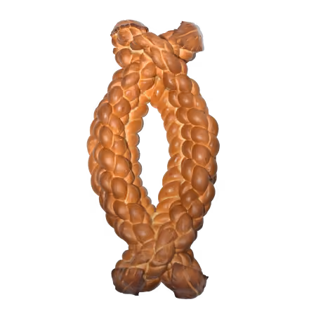 Braided loaf of bread shaped like an oval with intertwined ends.