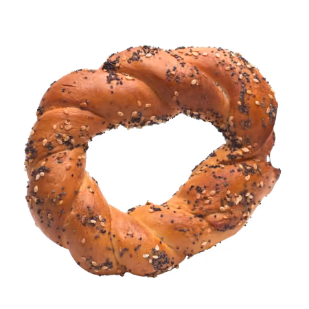 Twisted sesame and poppy seed bagel with a golden-brown crust.