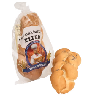 Packaged braided bread labeled 'Elita' with a baker logo next to two pieces of braided bread sprinkled with poppy seeds.