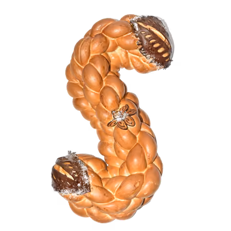 Braided bread shaped like an S, decorated with powdered sugar and filled with chocolate on both ends.