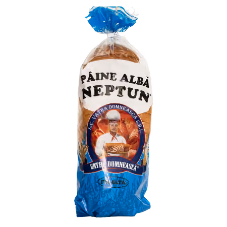 Packaged loaf of white bread labeled 'Pâine Albă Neptun' with a baker illustration and blue and white packaging.