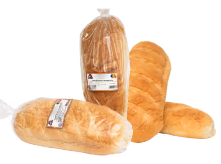 Four loaves of white bread, two packaged in clear plastic and two unwrapped with slices visible.