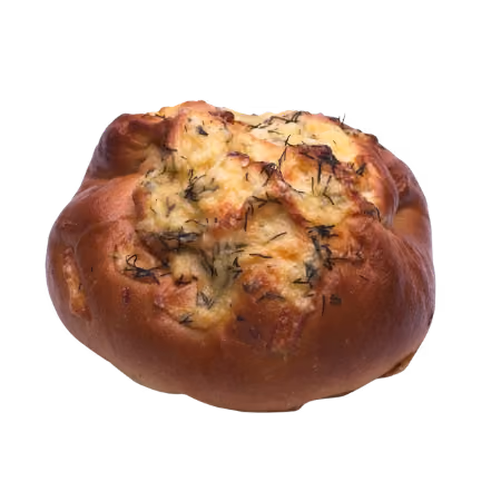 Round bread roll topped with melted cheese and sprinkled with herbs.