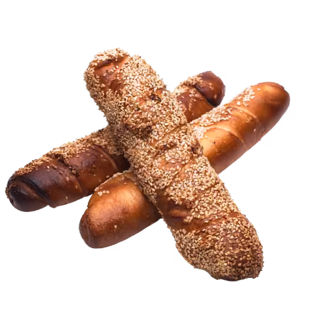 Three golden-brown breadsticks, two plain and one coated with sesame seeds.