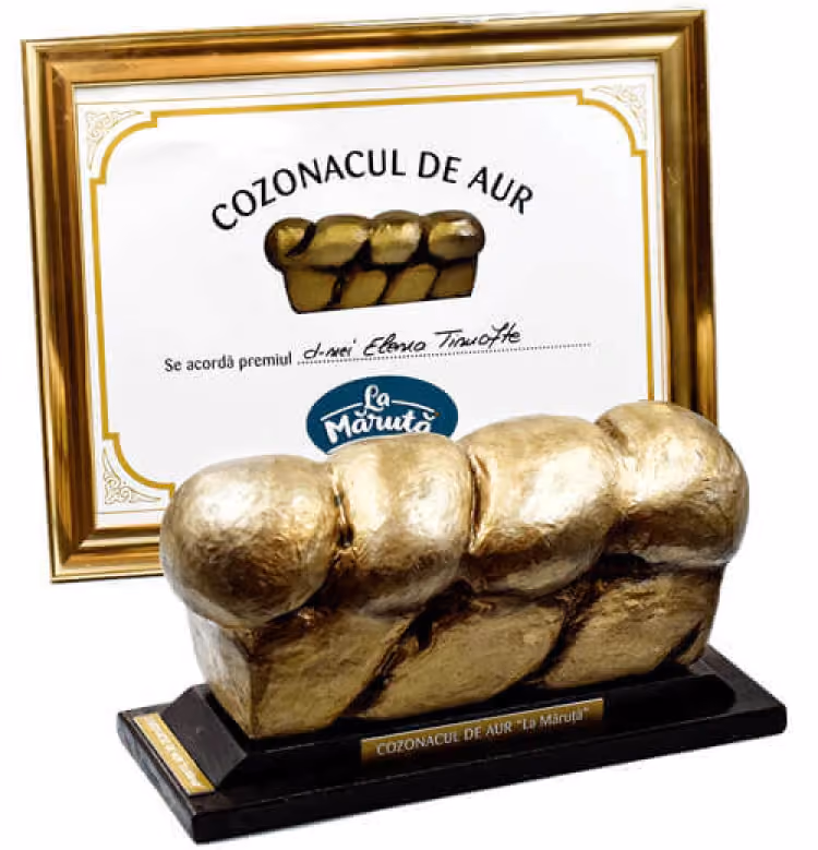 Golden trophy shaped like a braided bread loaf with a framed certificate behind it titled 'Cozonacul de Aur'.
