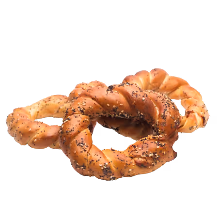 Three twisted bagels topped with various seeds, arranged on a white background.