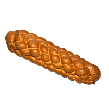 Golden brown braided loaf of bread with a shiny crust on a transparent background.