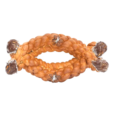 Braided bread wreath decorated with chocolate-covered ends and small silver ornaments.