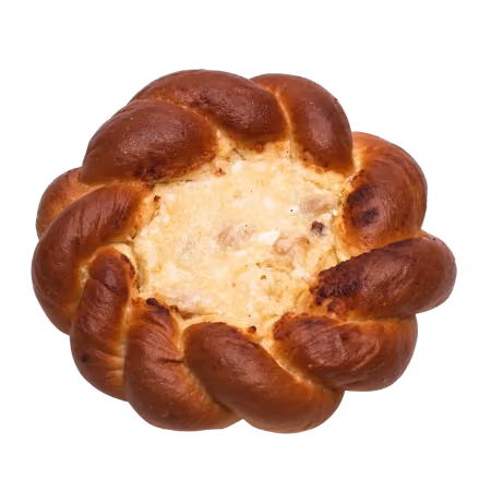 Round braided bread filled with a creamy cheese mixture in the center.