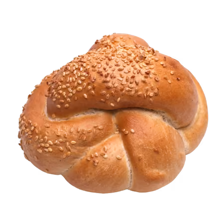 Sesame seed-covered knotted bread roll with a golden-brown crust.