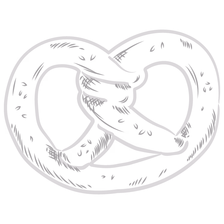 Black and white hand-drawn illustration of a twisted pretzel with visible salt granules.