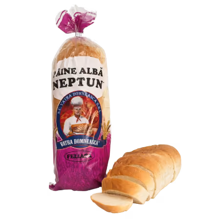 Packaged loaf of sliced white bread labeled 'Pâine Albă Neptun' with one slice placed in front.