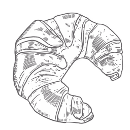 Black and white sketch of a croissant with detailed shading and texture.