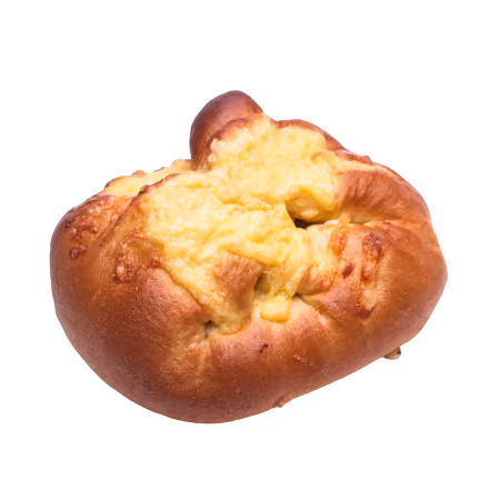 Freshly baked bread roll topped with melted cheese.