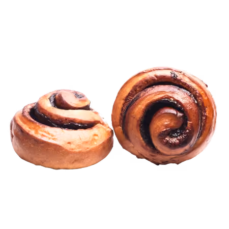 Two cinnamon rolls with a golden-brown swirl and a glossy finish.