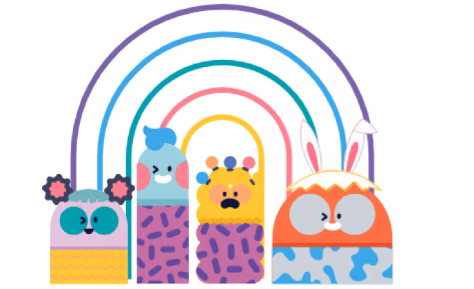 Four colorful cartoon characters with unique patterns and features standing under arched rainbows.
