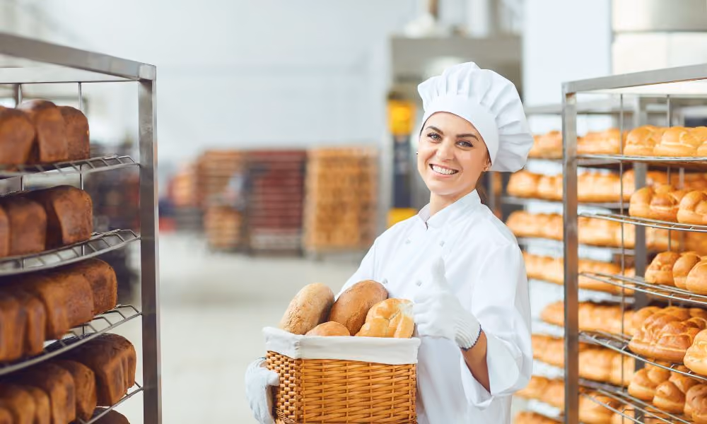 Smiling female baker in white uniform and hat holding a basket of freshly baked bread with thumb up in a bakery.