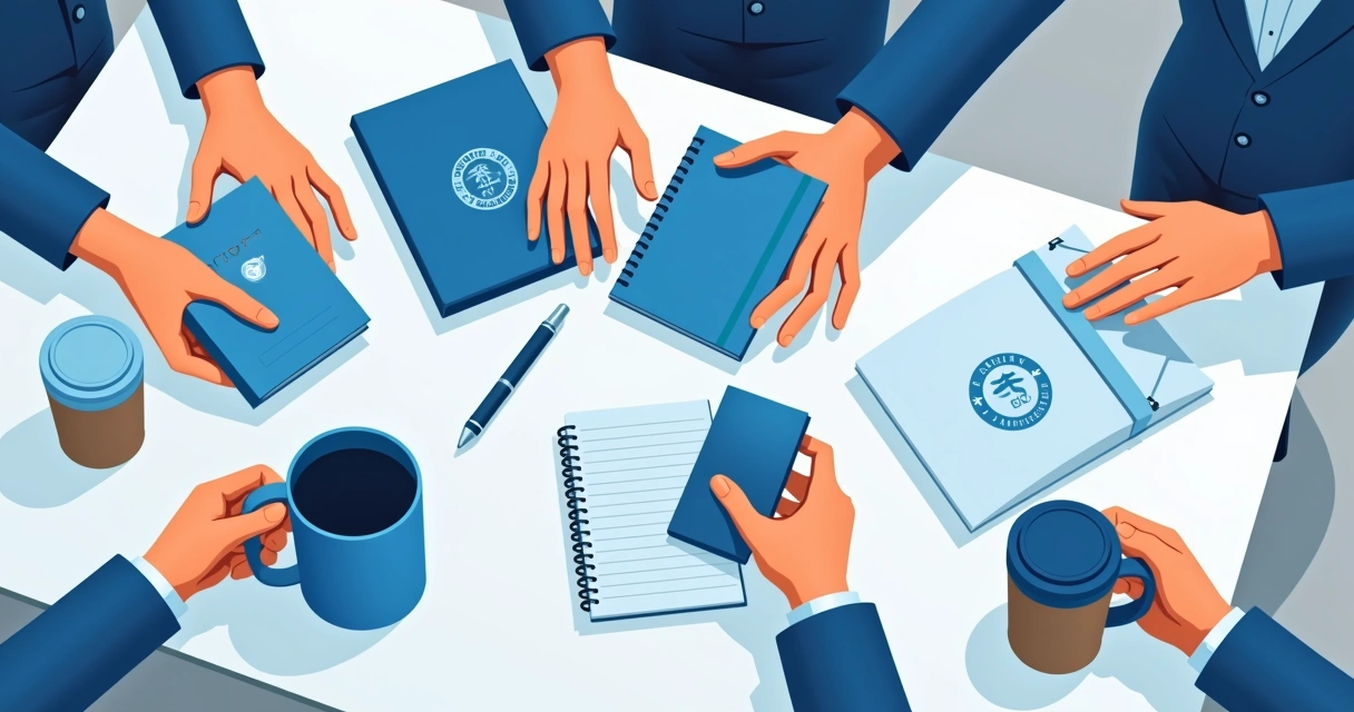 Vários brindes personalizados com logo da empresa, incluindo caneca, caderno, camiseta e ecobag sobre mesa