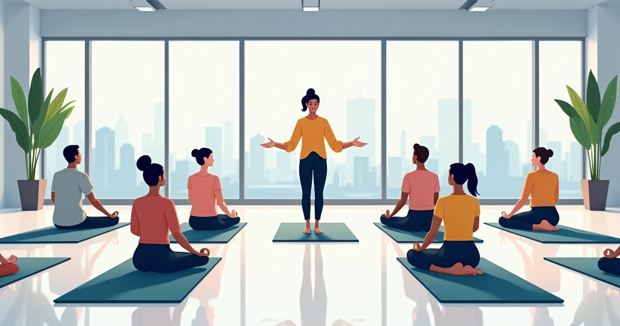 Sessão de yoga com funcionários em sala de eventos corporativos, tapetes alinhados, instrutora guiando atividade