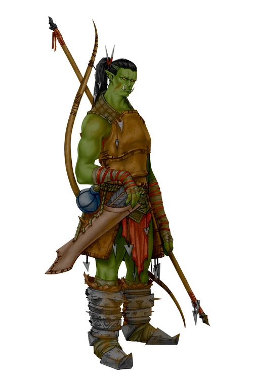 Art by Kendal Gates. An orc dressed in leather armor, they hand a spear in one hand, a longbow strapped to their back, and their arm resting on a quiver full of arrows at their hip.