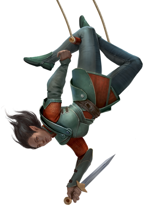 Art by Marius Bota. An armored acrobat hanging upsidedown, wielding a dagger.