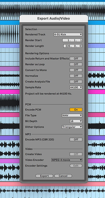 Export Audio/Video Dialog Window Ableton Live 