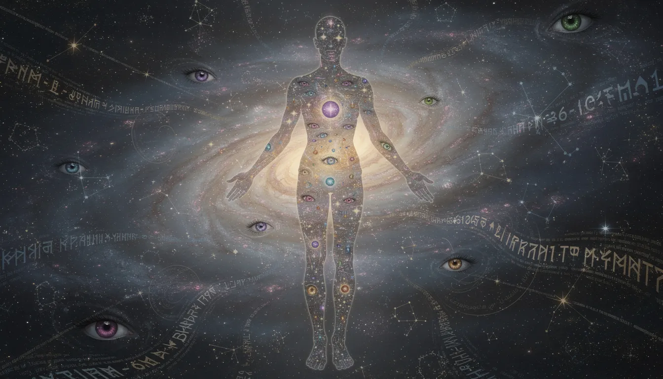 The image depicts an all-knowing entity, symbolizing a vast understanding of the music industry, including various music streaming services like Spotify, Apple Music, and YouTube Music. This entity embodies the essence of enjoying music, highlighting features such as curated playlists, high audio quality, spatial audio, and premium subscriptions with free tiers accessible via smart speakers and mobile apps.