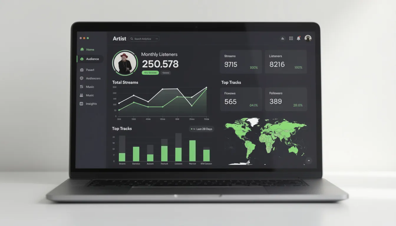 The image depicts the Spotify for Artists dashboard, showcasing an artist profile with key features such as an overview of active streams, personalized playlists, and a section for the artist bio. It highlights tools for managing new releases, connecting with fans, and exploring marketing strategies to enhance the artist's presence in the music world.