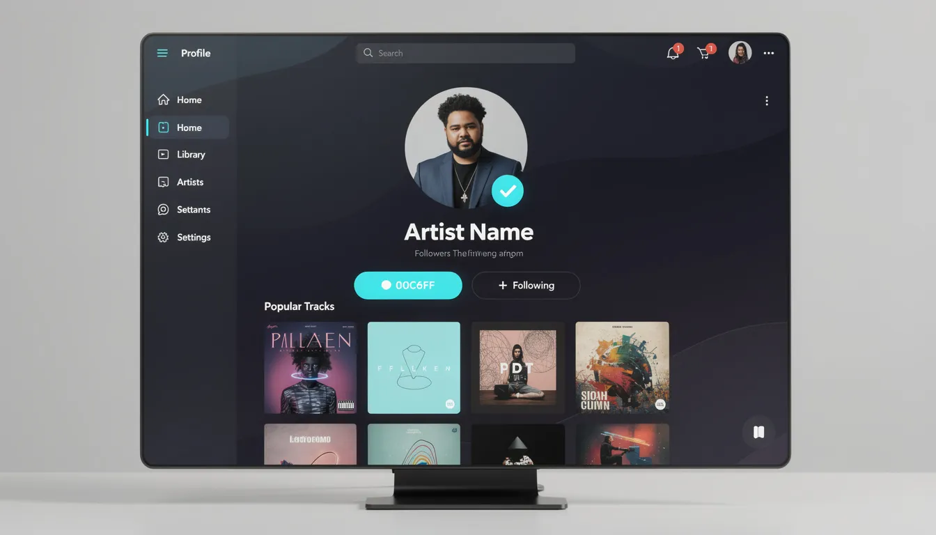 The image depicts a verified artist profile on Spotify, showcasing the artist's name, cover art, and links to their latest music releases and playlists. It highlights features such as the artist's bio and stream count, emphasizing their connection with fans and the music community.