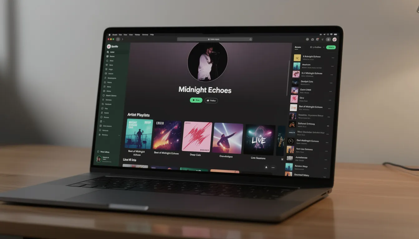 The image depicts a vibrant Spotify interface showcasing various artist playlists, emphasizing the importance of music discovery and engagement for independent artists. It highlights editorial playlists, algorithmic playlists, and tips on how to submit music to Spotify playlists for maximizing reach and connecting with listeners.