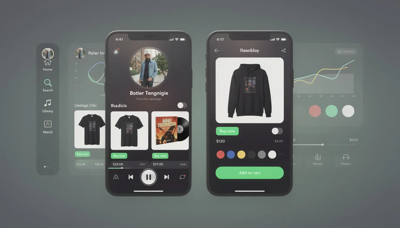 The image depicts a vibrant Shopify store showcasing exclusive Spotify merch, featuring various products related to favorite artists and their music. Fans can browse, select, and purchase items directly linked to their favorite songs and albums, enhancing their connection to the artists they love.